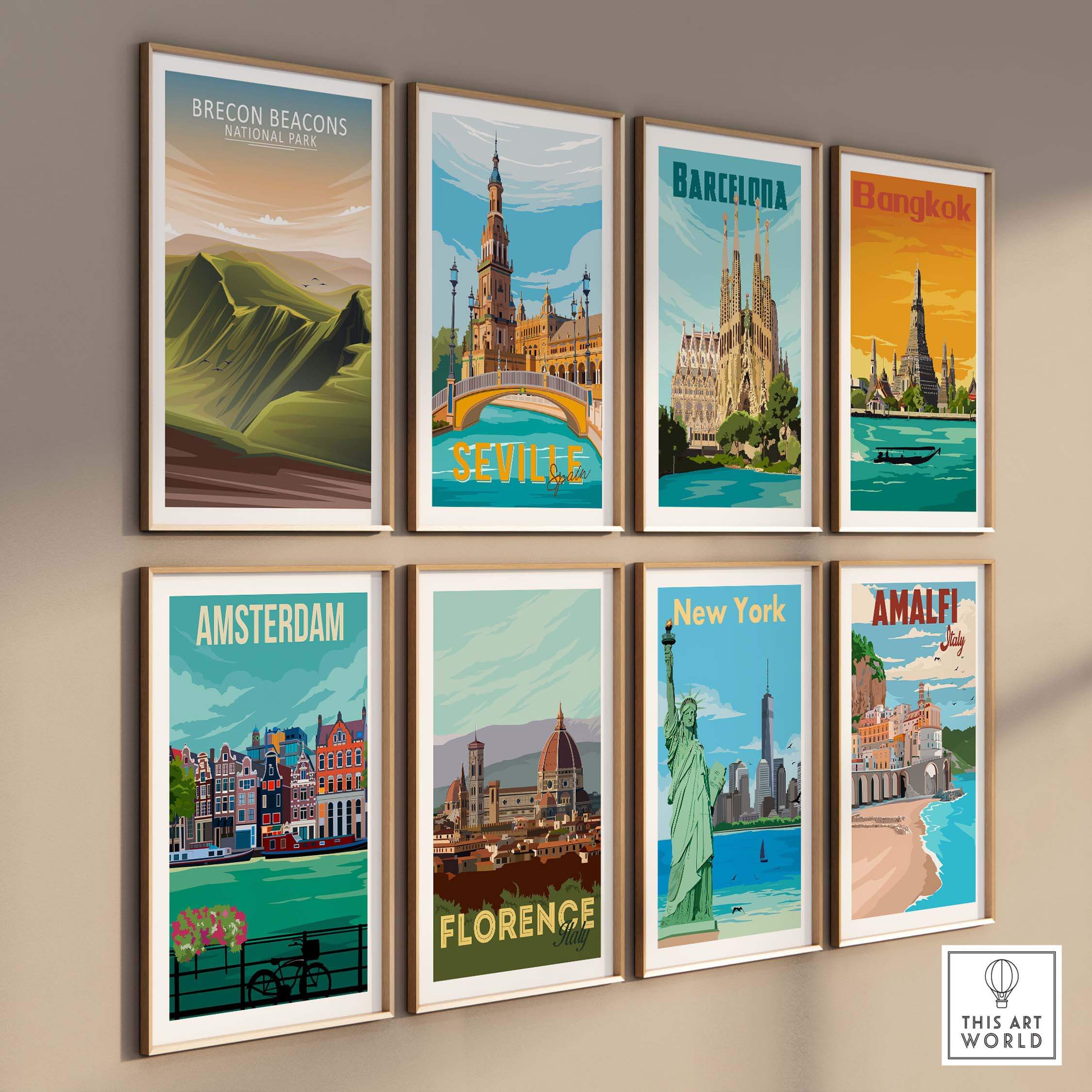 Colorful travel posters including Brecon Beacons, Barcelona, Bangkok, and more, displayed in stylish frames.