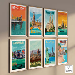 Collection of vintage travel posters featuring Brighton, Barcelona, Bangkok, and other cities in stylish frames.