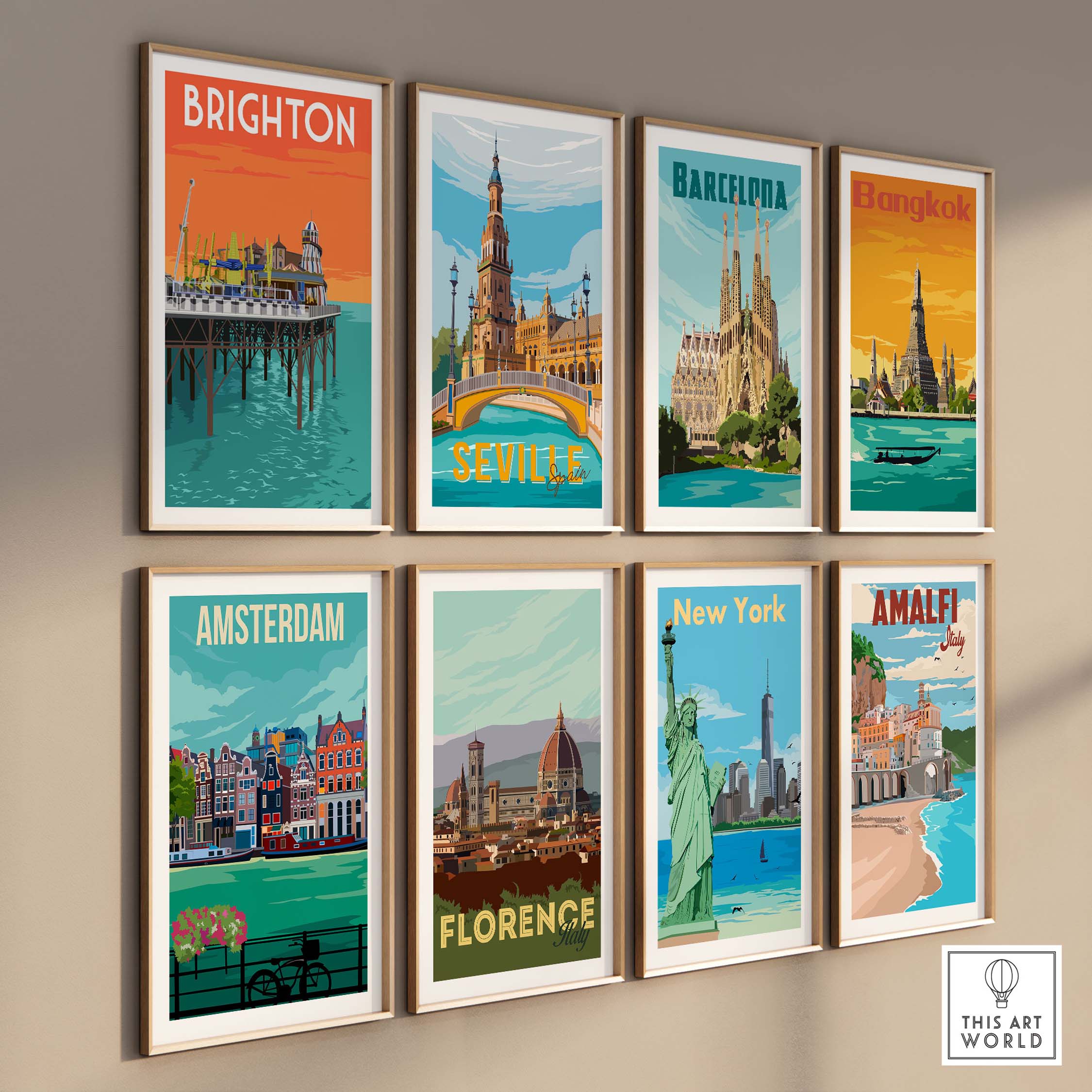 Collection of vintage travel posters featuring Brighton, Barcelona, Bangkok, and other cities in stylish frames.