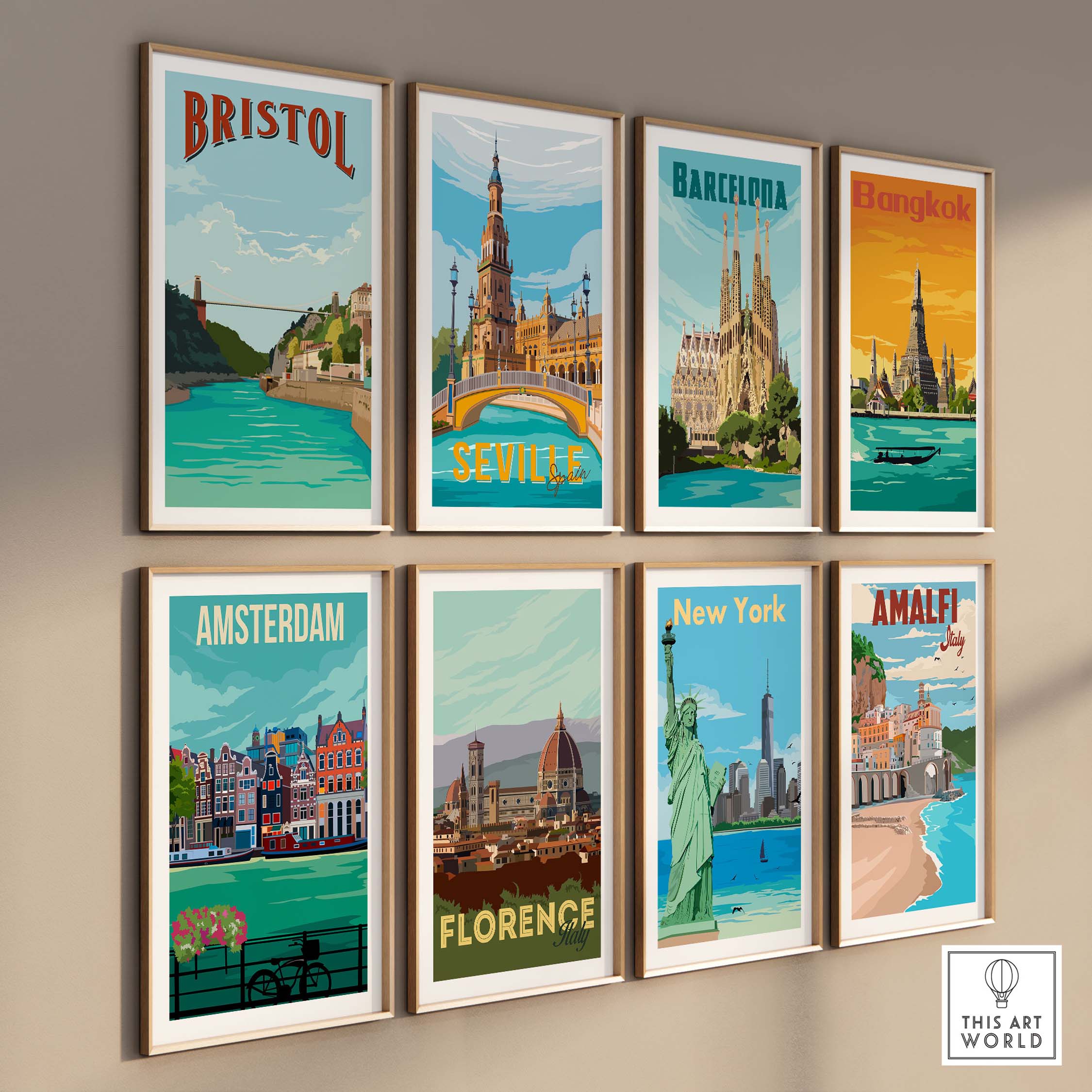 Gallery of vintage travel posters featuring cities like Bristol, Barcelona, and New York, ideal for stylish wall art.