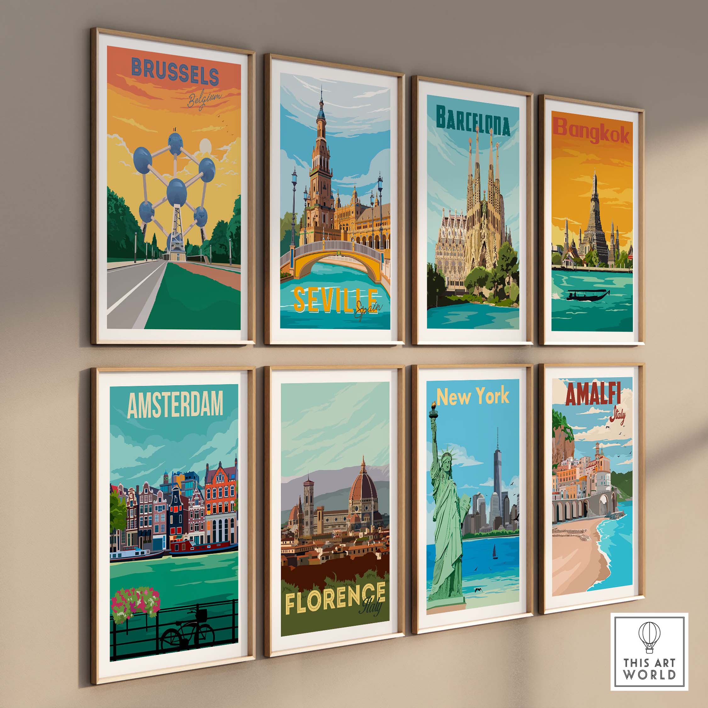Stylish travel posters featuring Brussels, Barcelona, and more, perfect for home or office decor.
