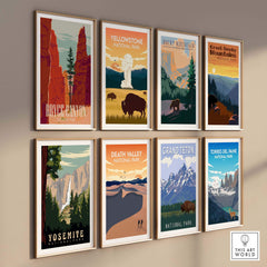 Collection of vintage-style national park prints including Grand Teton, Yosemite, and Yellowstone framed on a wall.