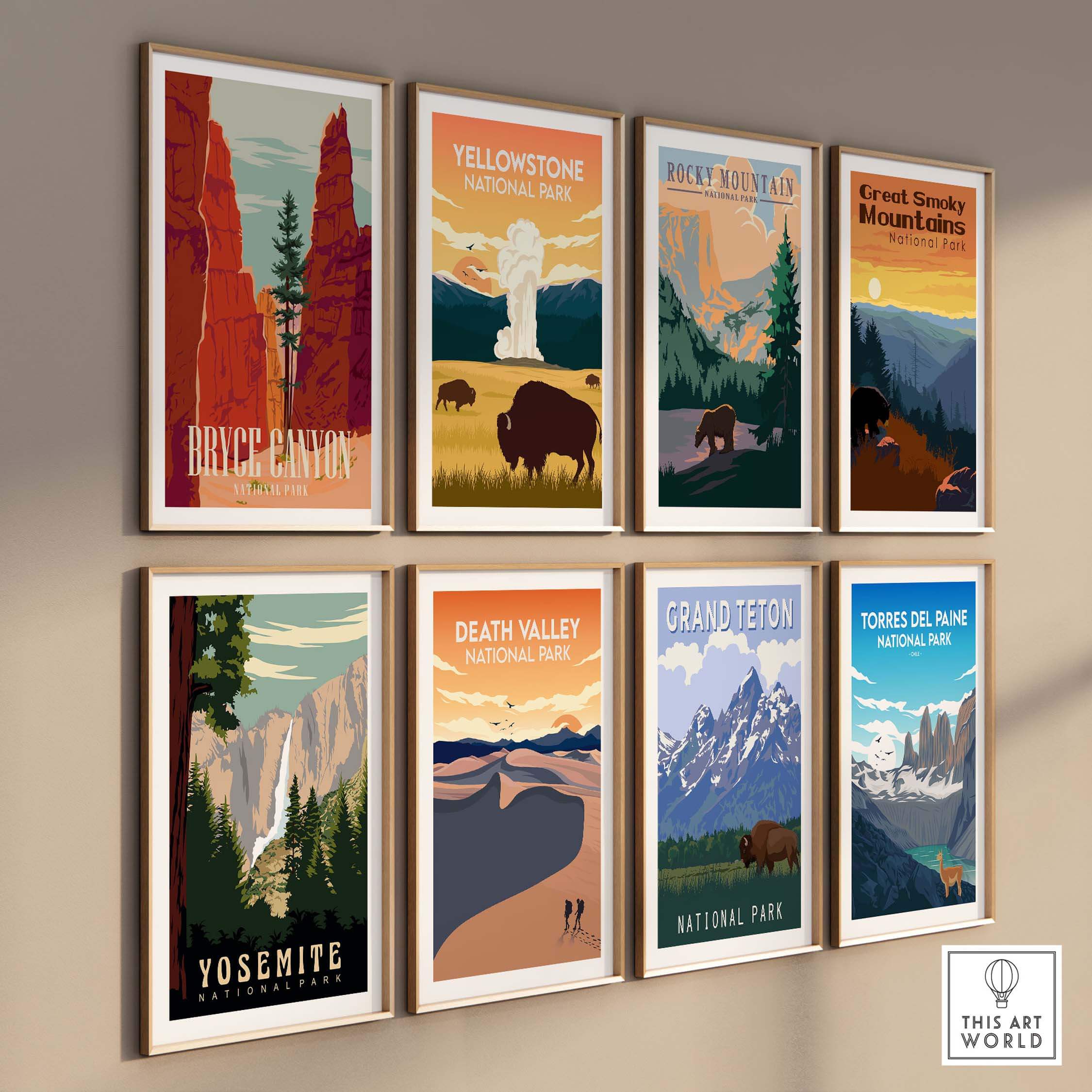 Collection of vintage-style national park prints including Grand Teton, Yosemite, and Yellowstone framed on a wall.