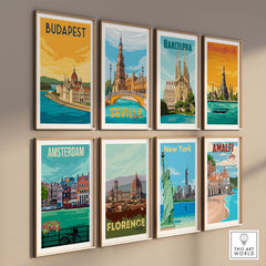 Collection of vintage travel posters featuring Budapest, Barcelona, Bangkok, Seville, Amsterdam, Florence, New York, and Amalfi.