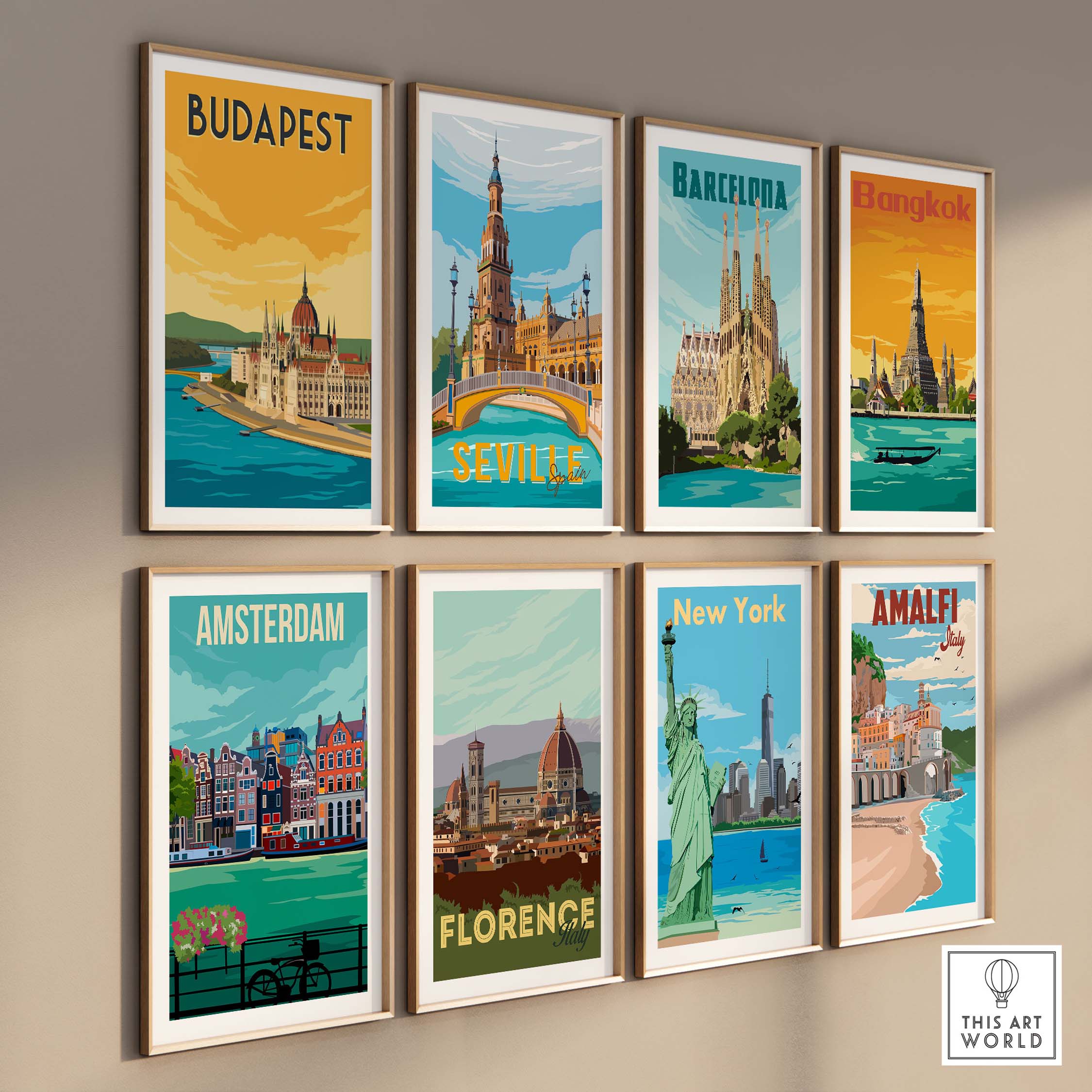 Collection of vintage travel posters featuring Budapest, Barcelona, Bangkok, Seville, Amsterdam, Florence, New York, and Amalfi.