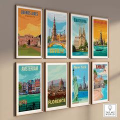 Collection of vintage travel posters including Buenos Aires, Barcelona, Amsterdam, and more for stylish wall art.