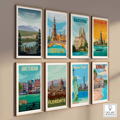 Collection of framed travel posters including Cairngorms, Barcelona, and New York for stylish wall art.