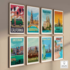 California vintage travel poster artwork displayed on a wall, featuring iconic cities and landmarks.