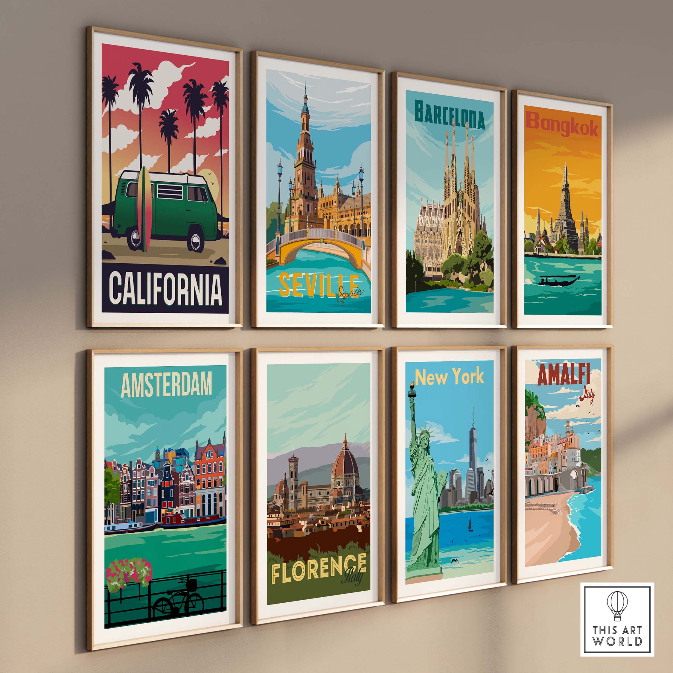 California vintage travel poster artwork displayed on a wall, featuring iconic cities and landmarks.