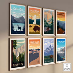 Collection of vintage national park posters, including Canada, Yosemite, and Yellowstone, displayed in stylish frames.
