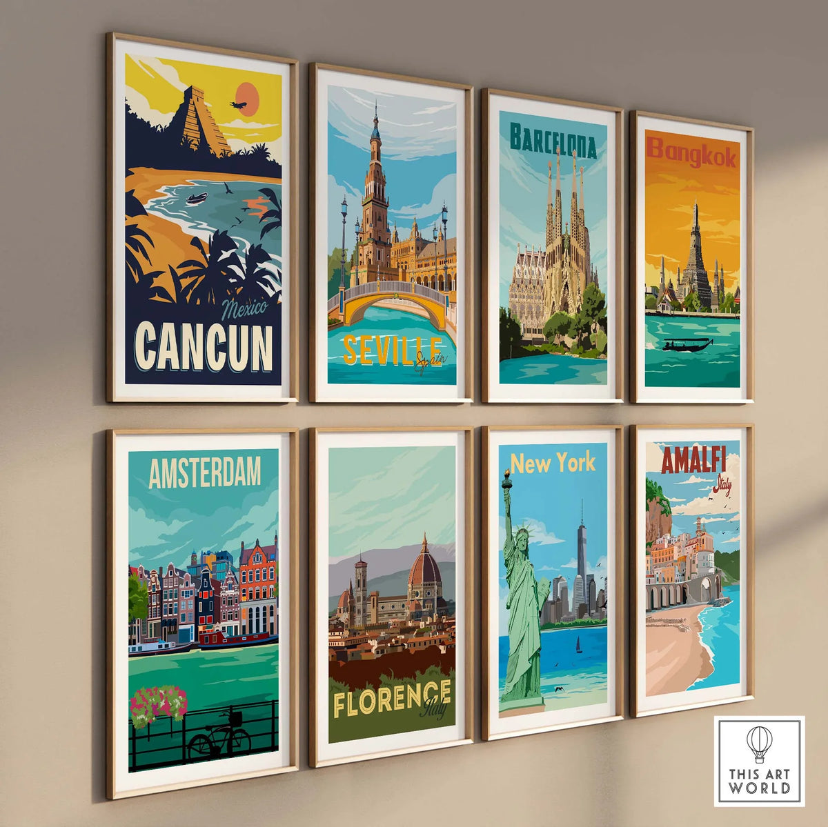 A collection of vintage travel posters featuring Cancun, Seville, Barcelona, Bangkok, Amsterdam, Florence, New York, and Amalfi.