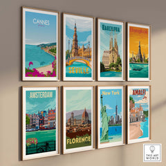 Cannes Poster France Print among travel-themed artwork in minimalist frames, featuring iconic global landmarks.
