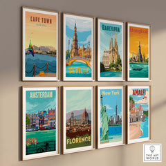 Colorful collection of vintage travel poster prints featuring Cape Town, Barcelona, Bangkok, and more, displayed in stylish frames.