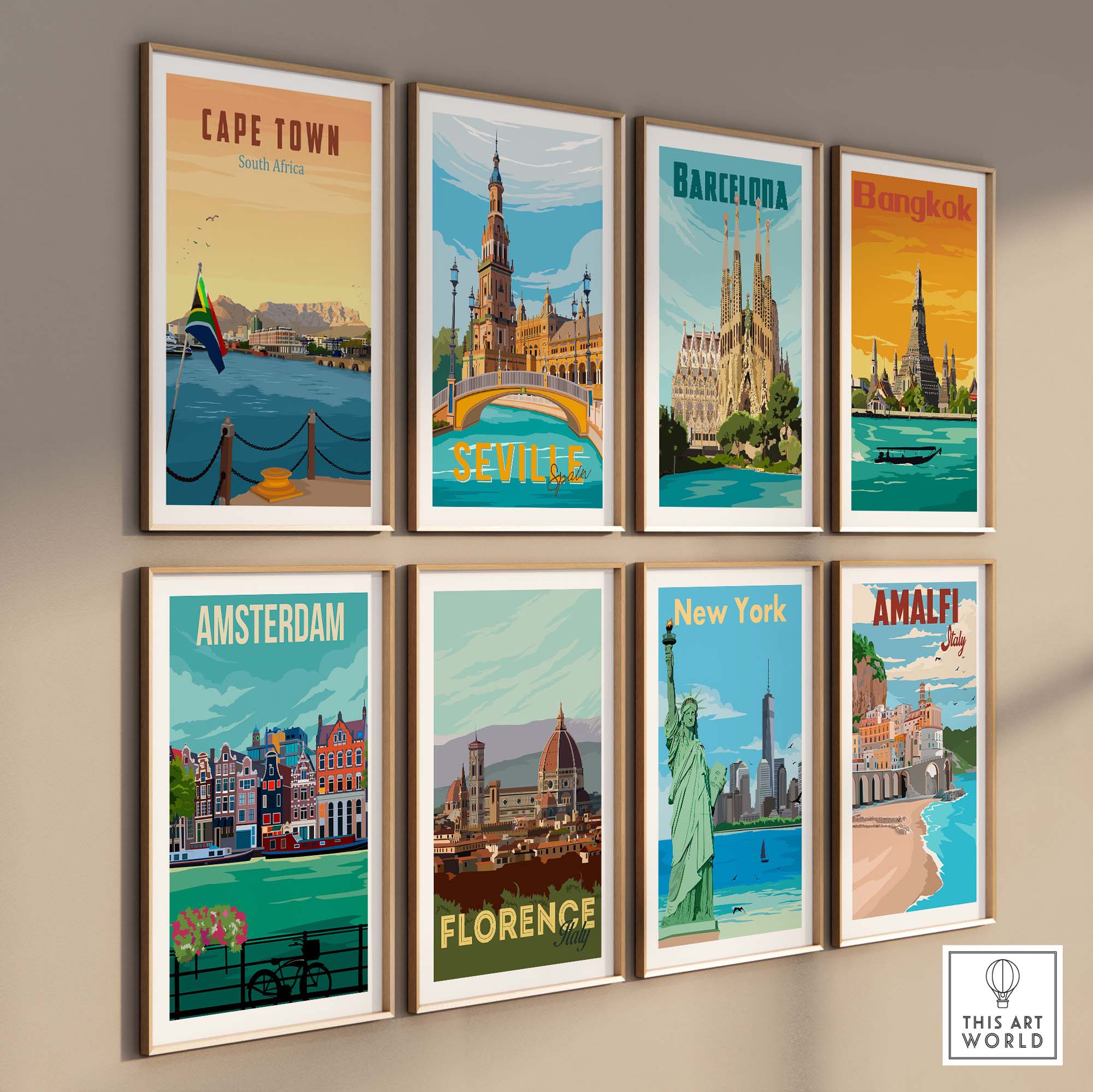 Colorful collection of vintage travel poster prints featuring Cape Town, Barcelona, Bangkok, and more, displayed in stylish frames.