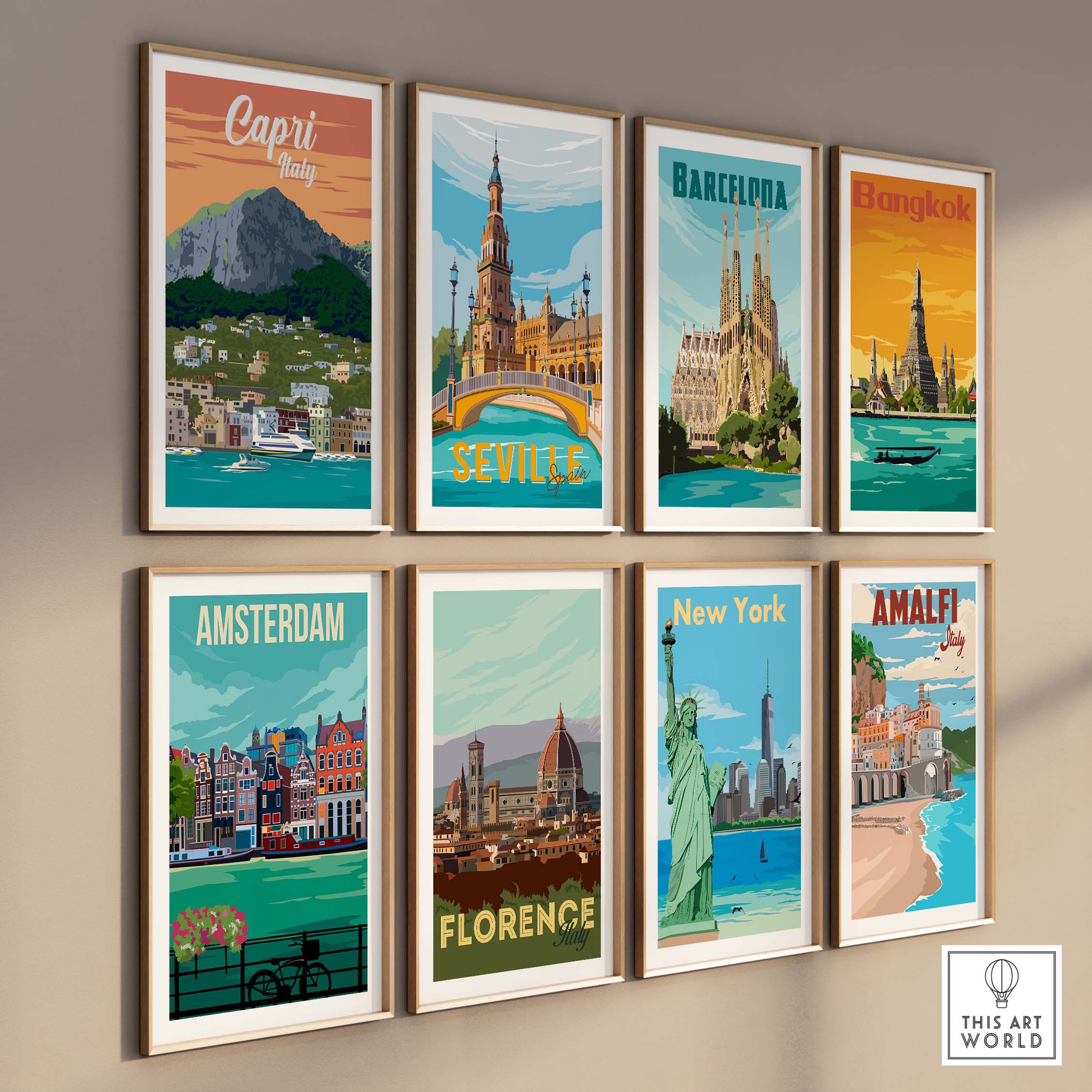 Collection of vintage travel poster prints featuring Capri, Seville, Barcelona, and more, styled in modern frames.