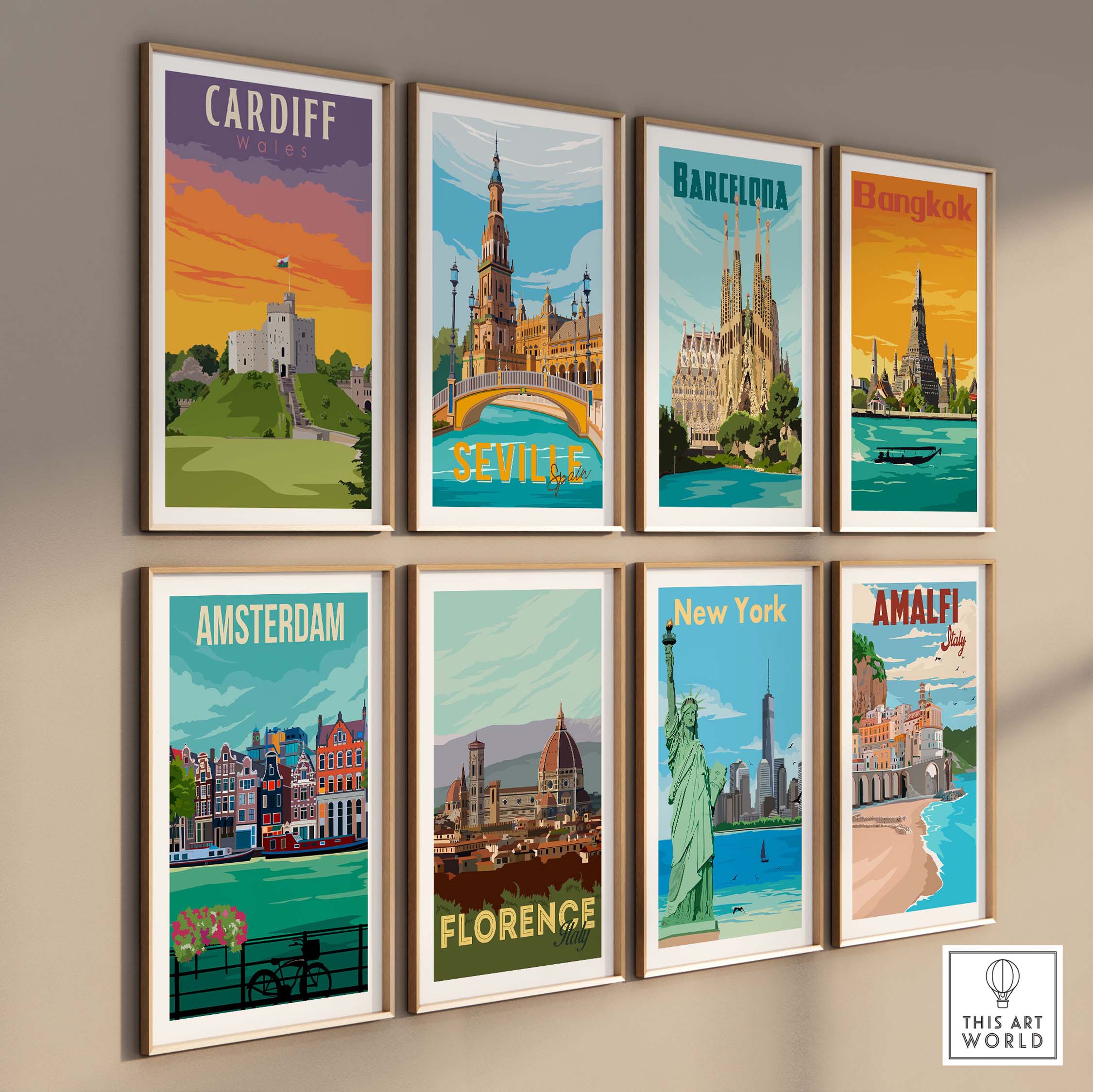 Framed vintage travel posters including Cardiff, Barcelona, and New York, showcasing beautiful cityscapes.