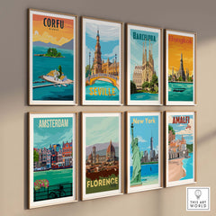 Collage of vintage travel posters including Corfu, Barcelona, Bangkok, and others showcased on a wall.