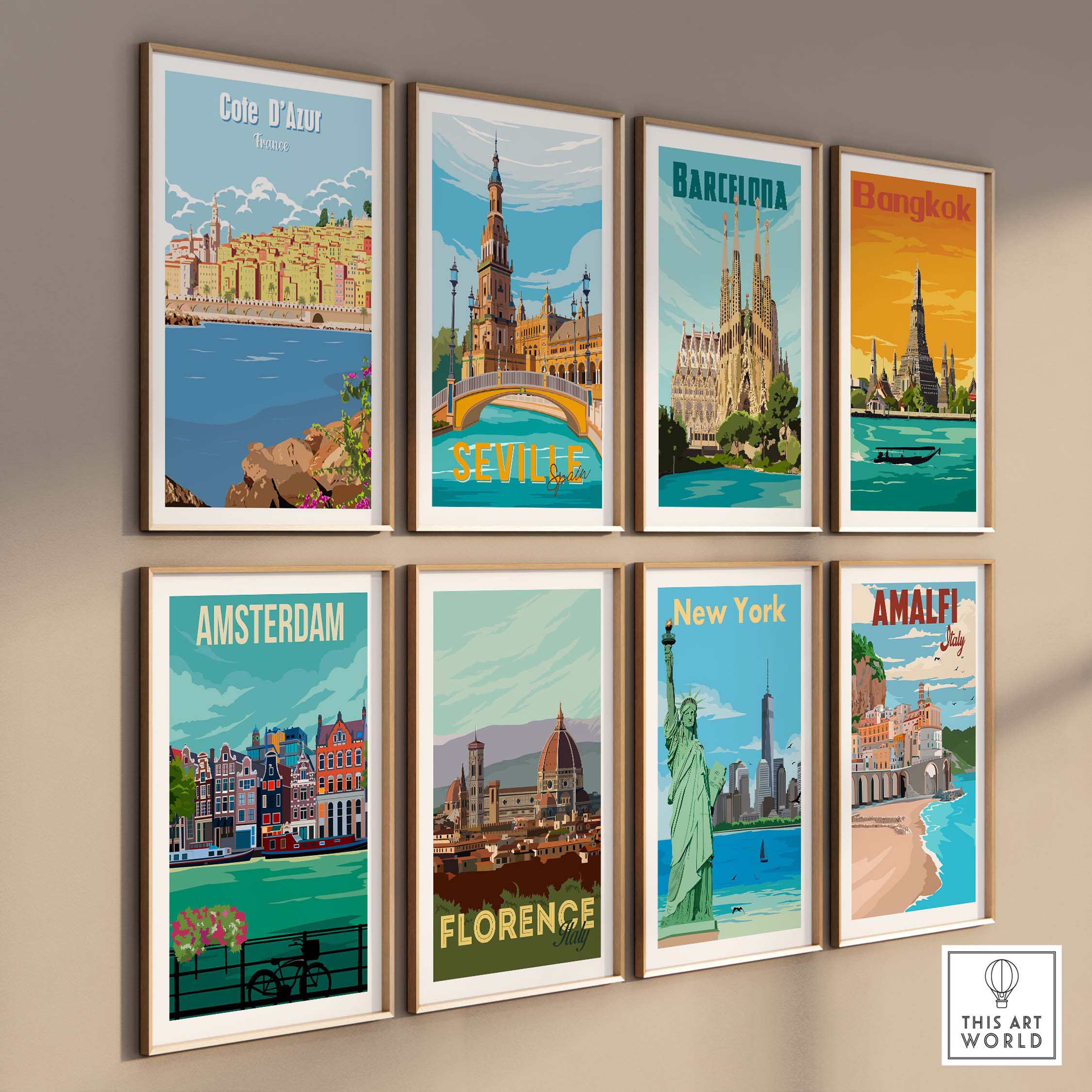 Cote d'Azur vintage travel posters displayed in stylish frames on a wall, showcasing iconic cityscapes.