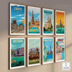 Collection of vintage travel poster prints featuring Crete, Seville, Barcelona, and more for stylish decor.