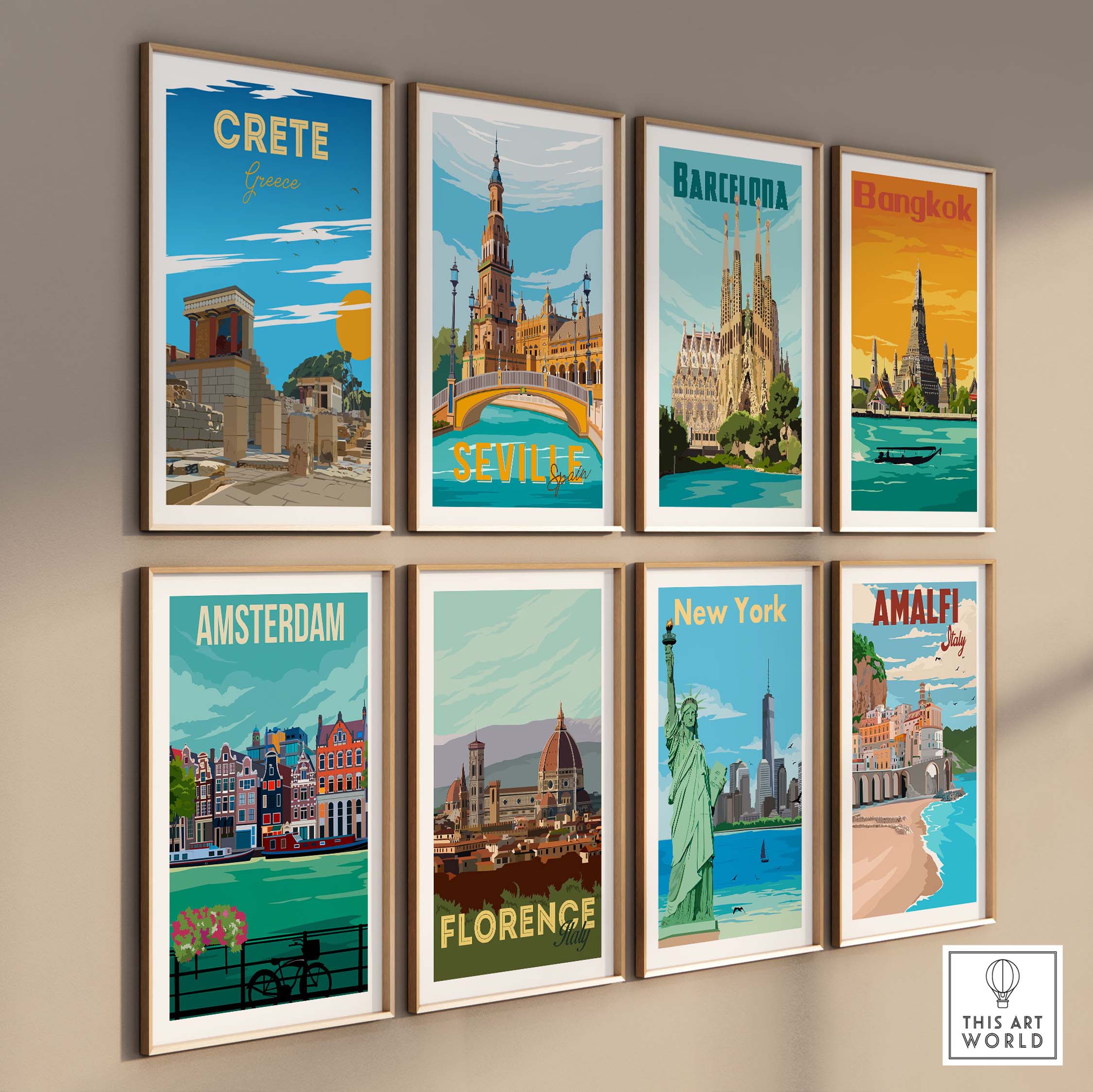 Collection of vintage travel poster prints featuring Crete, Seville, Barcelona, and more for stylish decor.