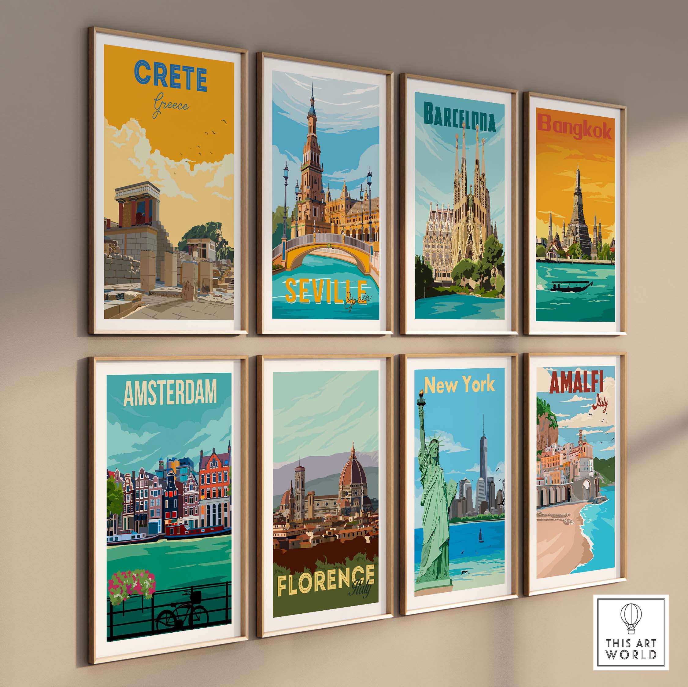 Wall display of vintage travel posters featuring Crete, Barcelona, Bangkok, Seville, Amsterdam, Florence, New York, and Amalfi.