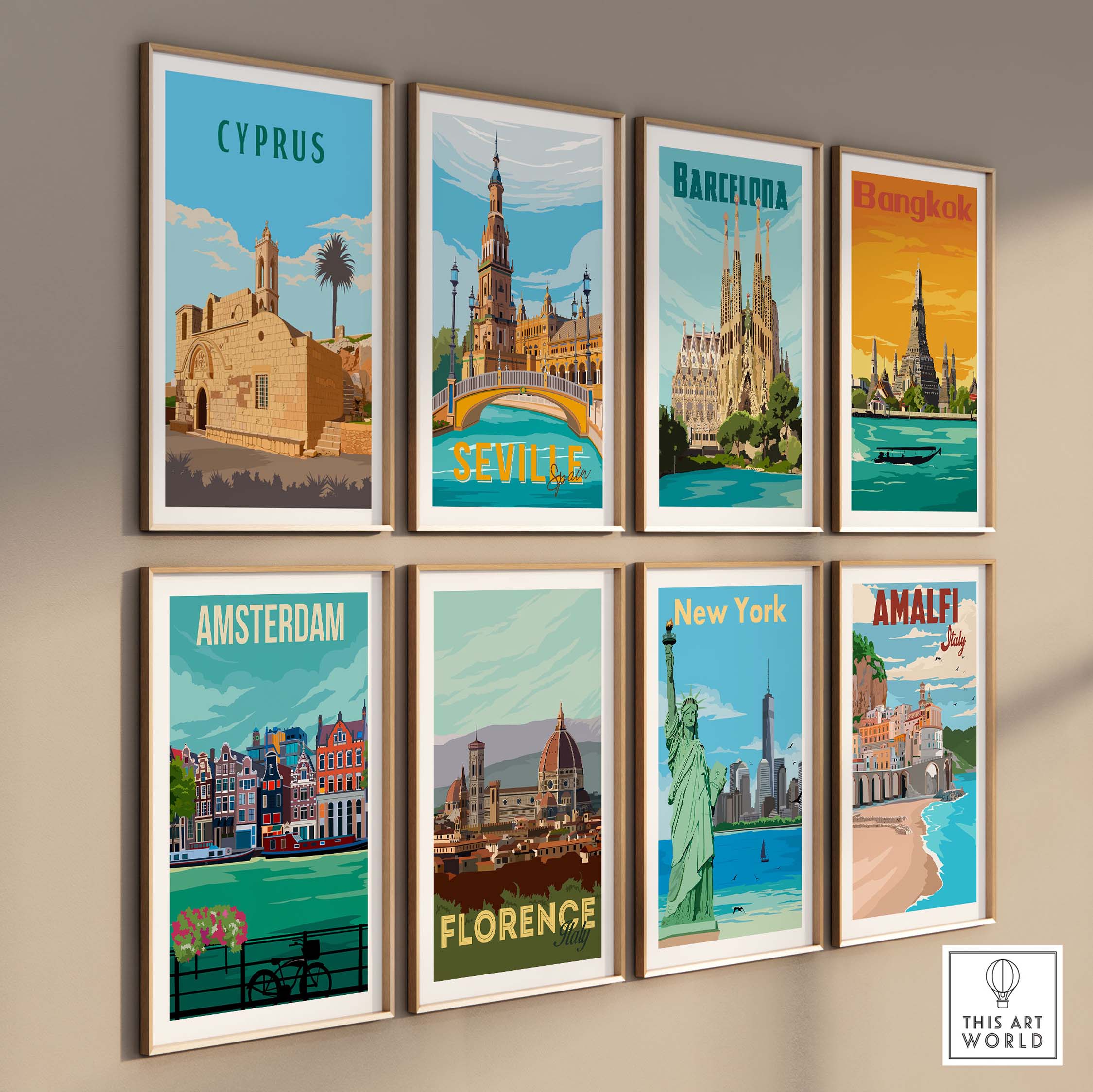 Gallery of vintage travel posters featuring Cyprus, Barcelona, Bangkok, Seville, Amsterdam, Florence, New York, and Amalfi.
