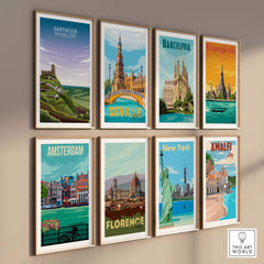 Dartmoor National Park poster among various city prints in a stylish wall art display, showcasing travel destinations.