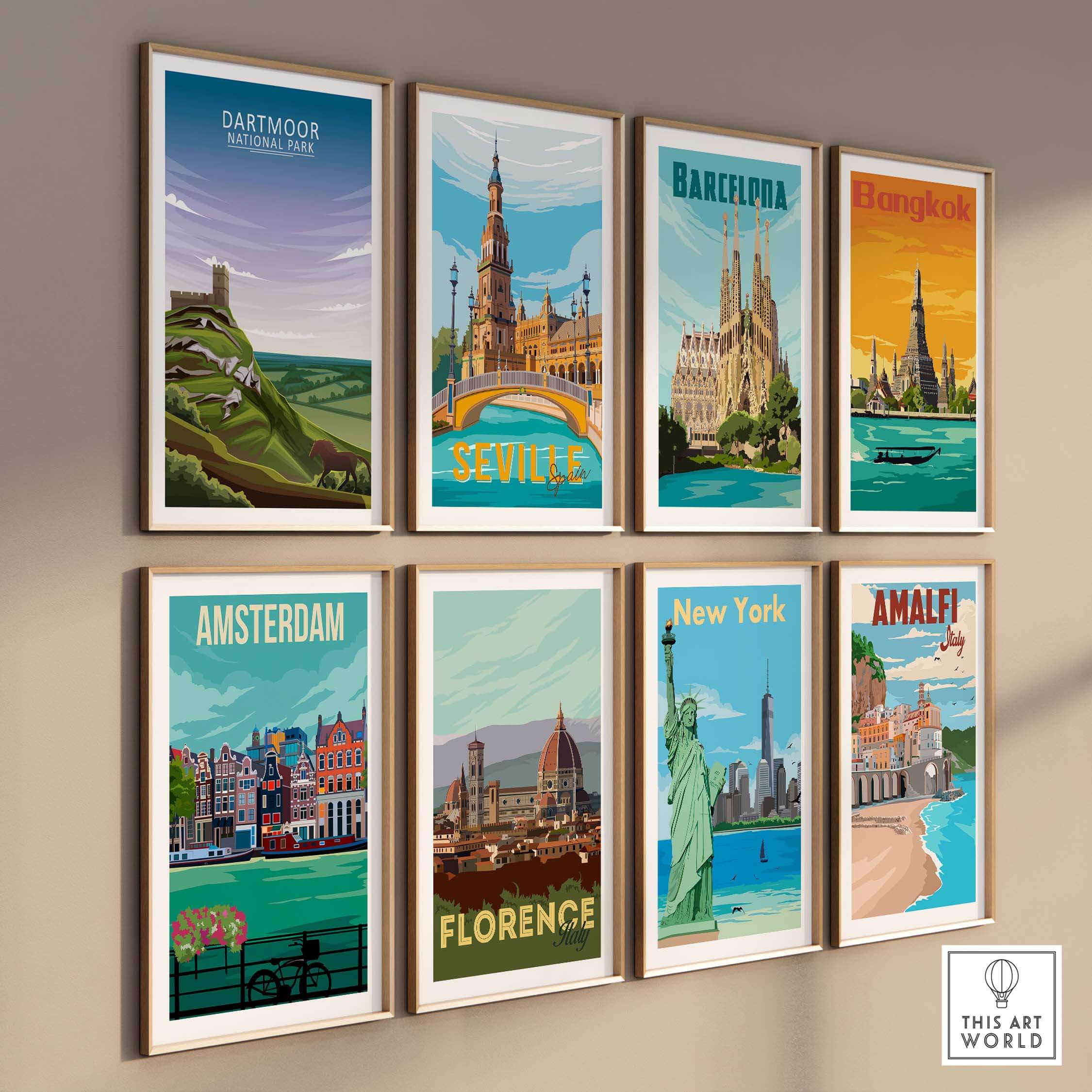 Dartmoor National Park poster among various city prints in a stylish wall art display, showcasing travel destinations.