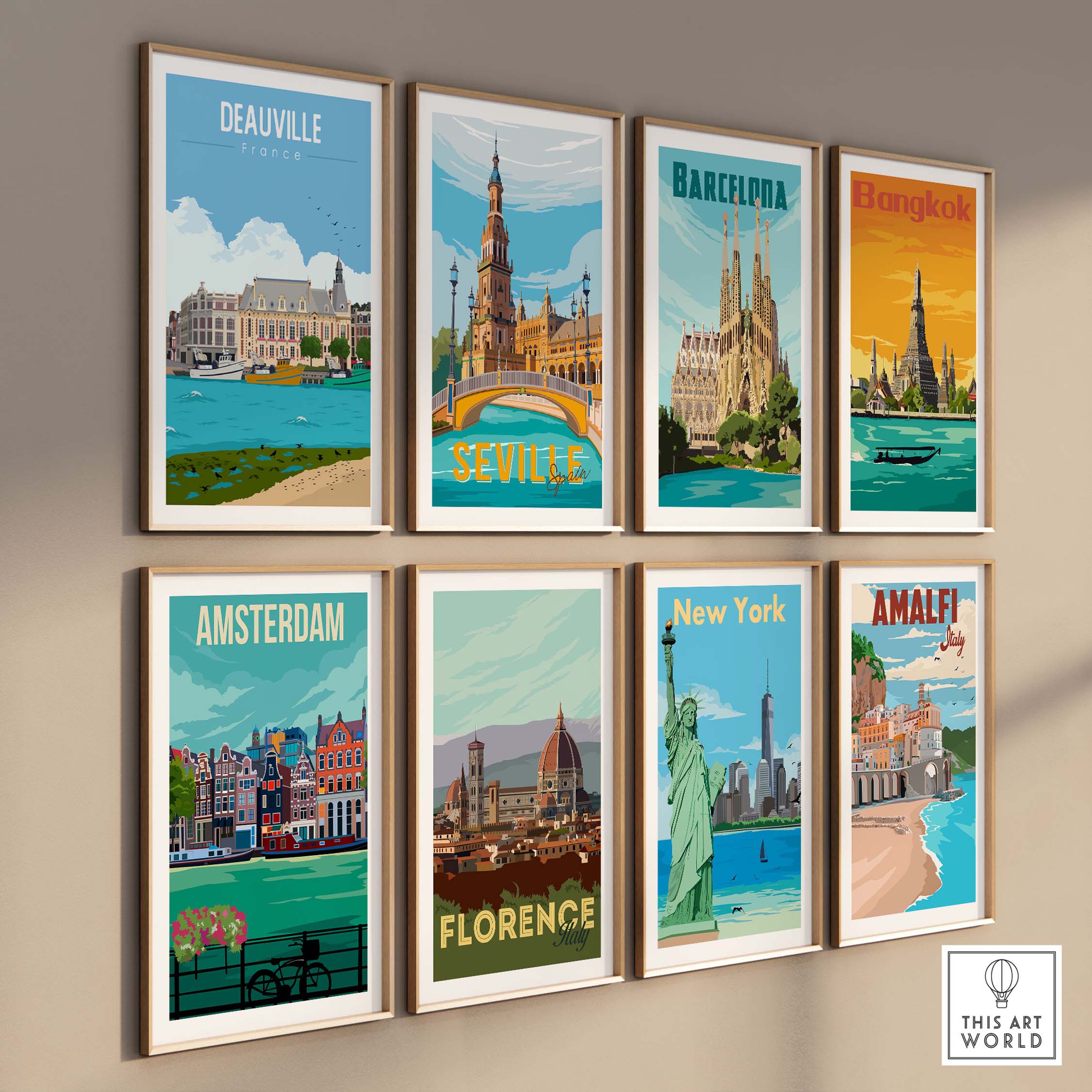Collection of vintage travel posters including Deauville, Barcelona, Bangkok, and more for home decor.
