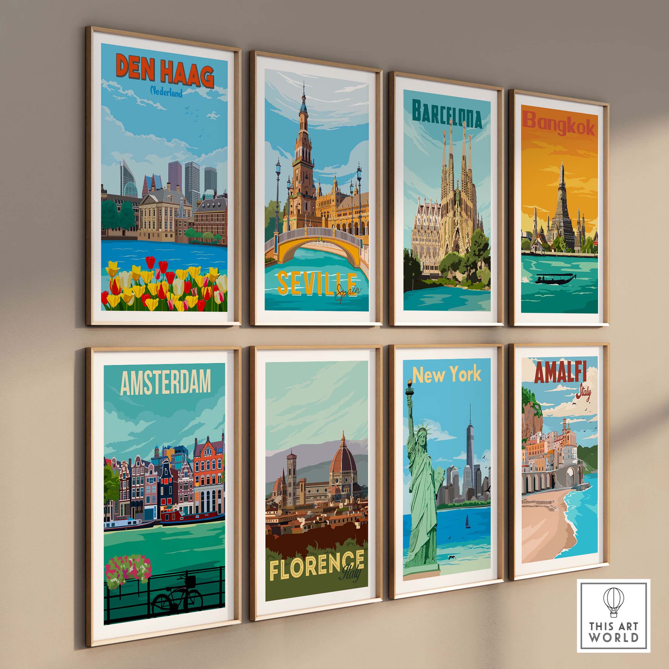 Den Haag Wall Art Print among vintage travel posters of cities like Barcelona, New York, and Amsterdam.