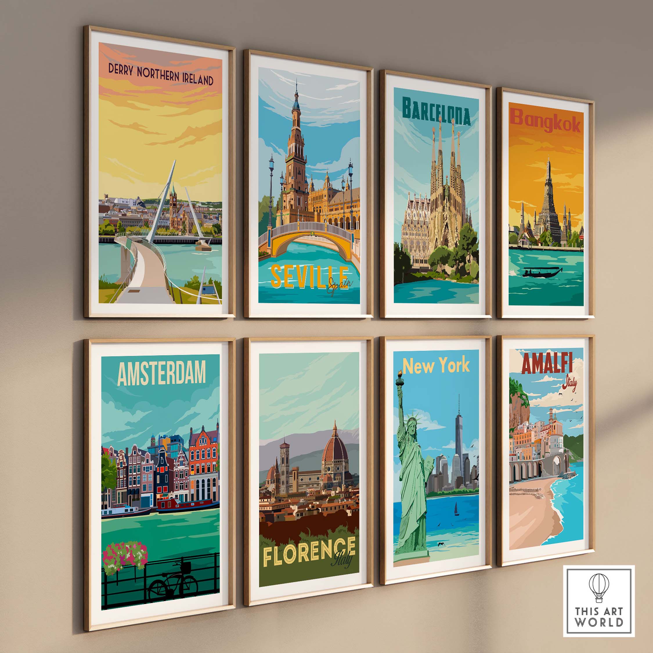 Vintage travel poster wall art featuring Derry, Barcelona, Bangkok, Amsterdam, Florence, New York, Seville, and Amalfi.