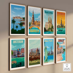 Gallery of vintage travel art prints including Dubrovnik, Barcelona, and New York displayed on a wall.