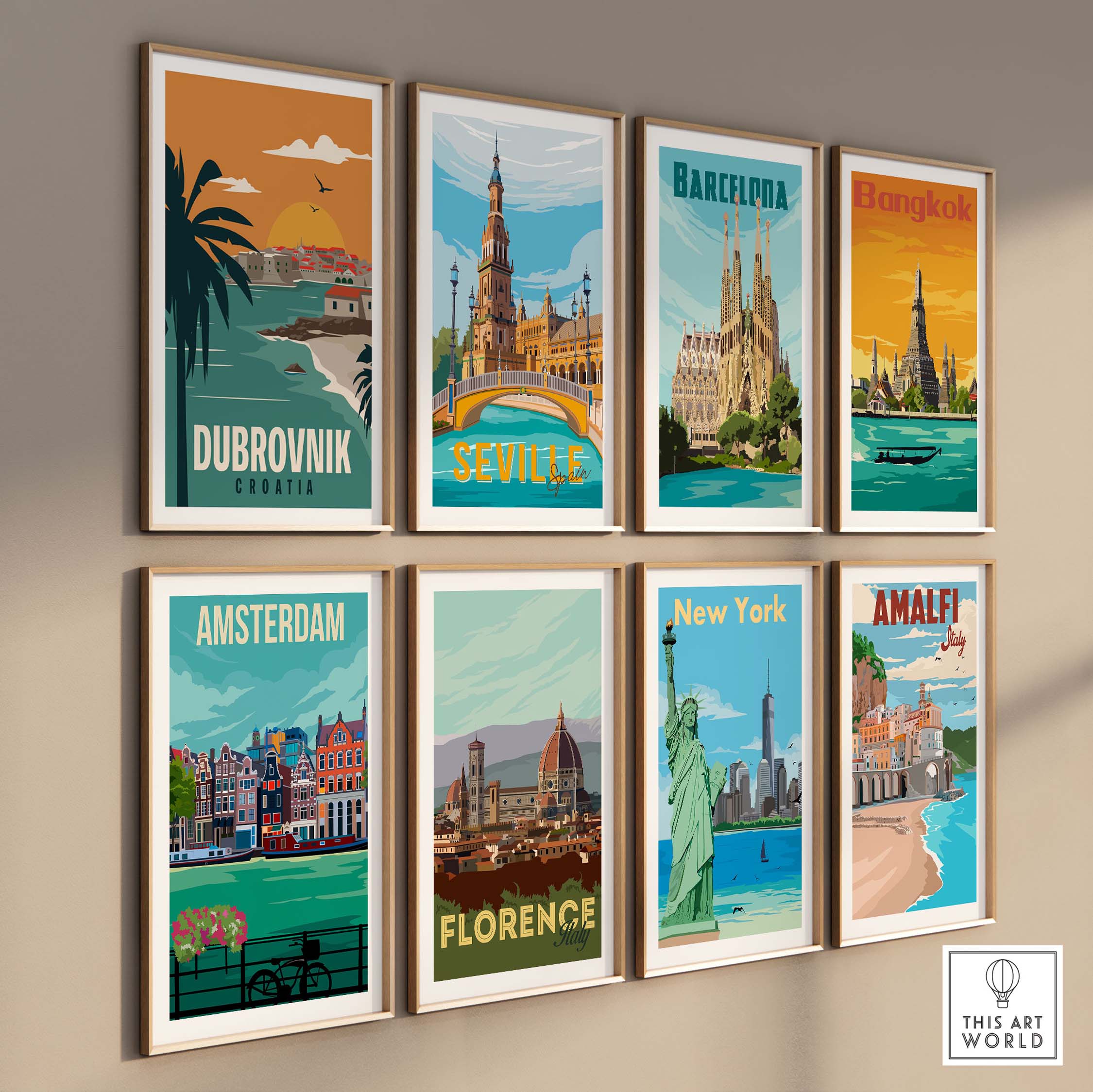 Collection of vintage travel posters including Dubrovnik, Barcelona, and New York in framed art display.