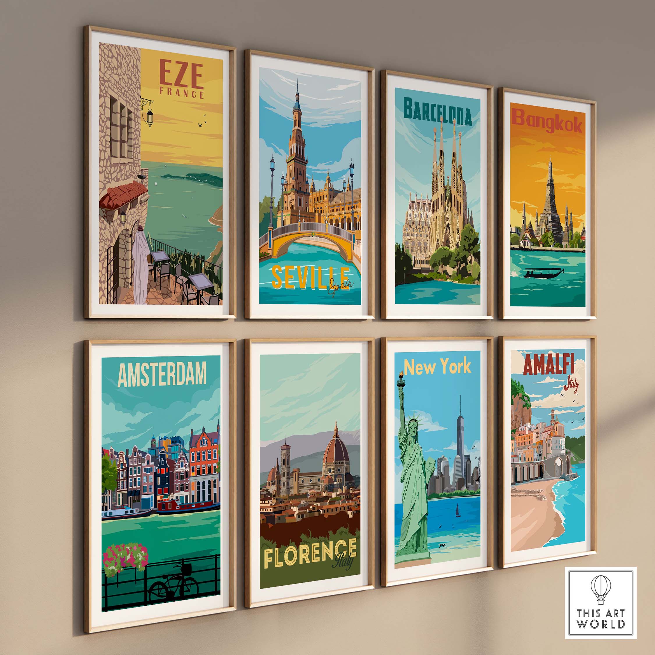 Eze France Poster Print Wall Art collection featuring vintage travel designs from various cities.