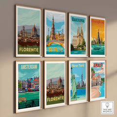 Gallery of vintage travel posters featuring Florence, Seville, Barcelona, Bangkok, Amsterdam, New York, and Amalfi.