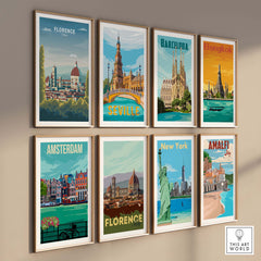 Collection of vintage-style travel posters featuring Florence, Barcelona, Bangkok, Seville, Amsterdam, New York, and Amalfi.
