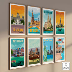 Collection of vintage travel poster prints including Glasgow Scotland, Seville, Barcelona, Bangkok, and more.