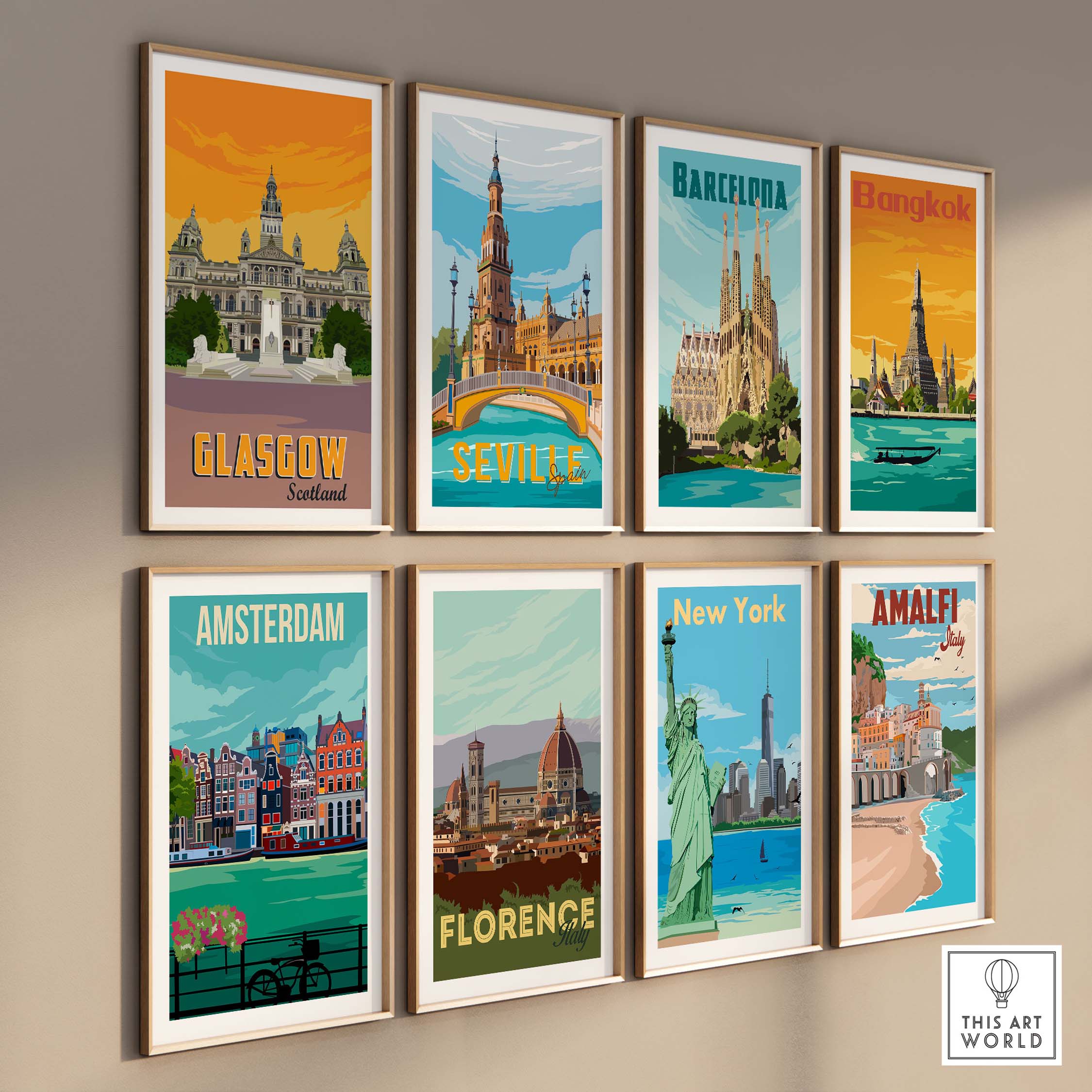Collection of vintage travel poster prints including Glasgow Scotland, Seville, Barcelona, Bangkok, and more.