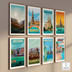 Gallery of travel posters featuring Glencoe, Barcelona, Bangkok, Seville, Amsterdam, Florence, New York, and Amalfi.