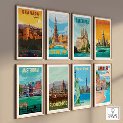 Gallery of vintage travel wall art prints featuring Granada, Barcelona, Seville, Amsterdam, Florence, New York, Bangkok, Amalfi.