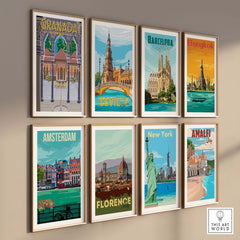 Collection of vintage travel posters featuring Granada, Barcelona, Seville, Bangkok, Amsterdam, Florence, New York, and Amalfi.