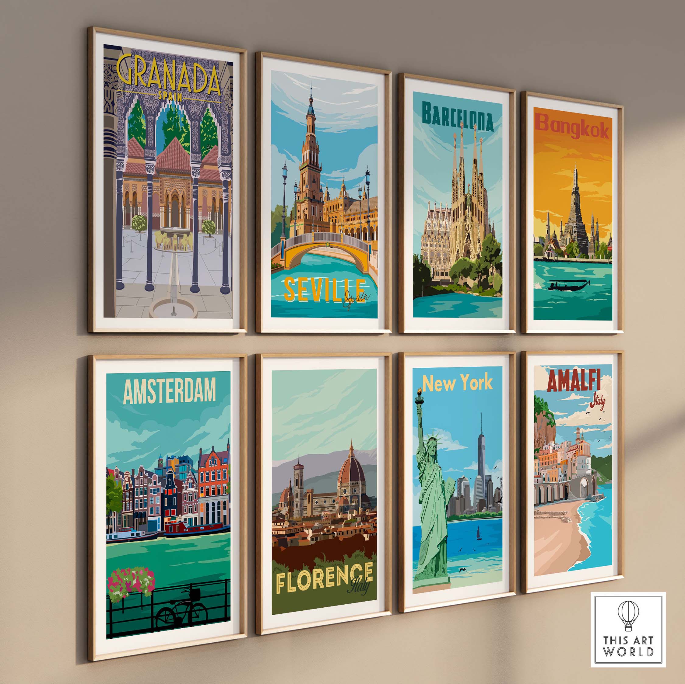 Collection of vintage travel posters featuring Granada, Barcelona, Seville, Bangkok, Amsterdam, Florence, New York, and Amalfi.