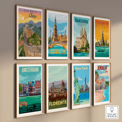 Collection of vintage travel posters including Great Wall of China, showcasing iconic landmarks and vibrant colors.