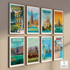 Collection of vintage travel posters featuring Havana, Barcelona, Seville, Bangkok, Amsterdam, Florence, New York, and Amalfi.