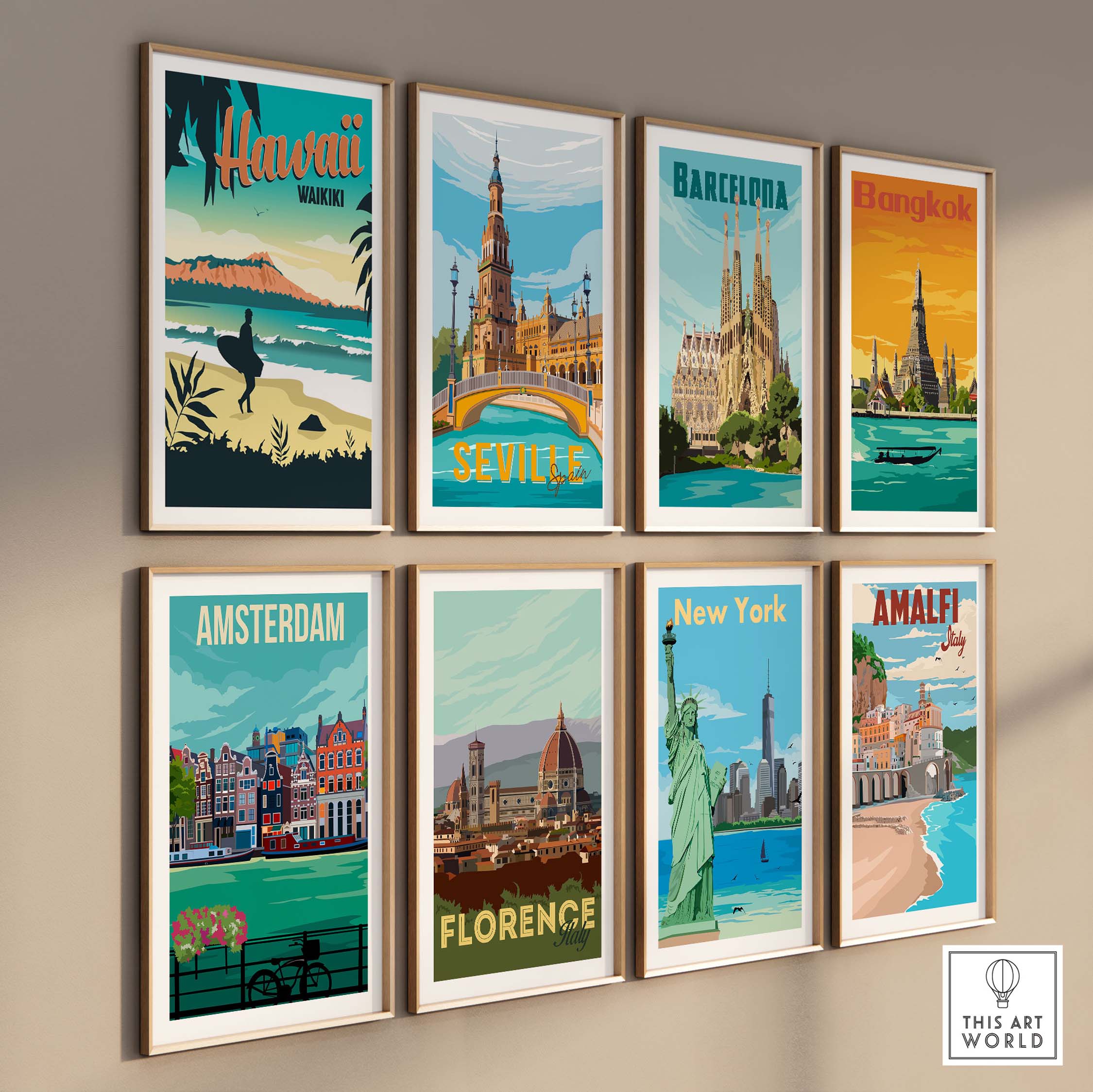 Collage of vintage travel posters including Hawaii Waikiki, Barcelona, and New York, framed artwork for stylish decor.