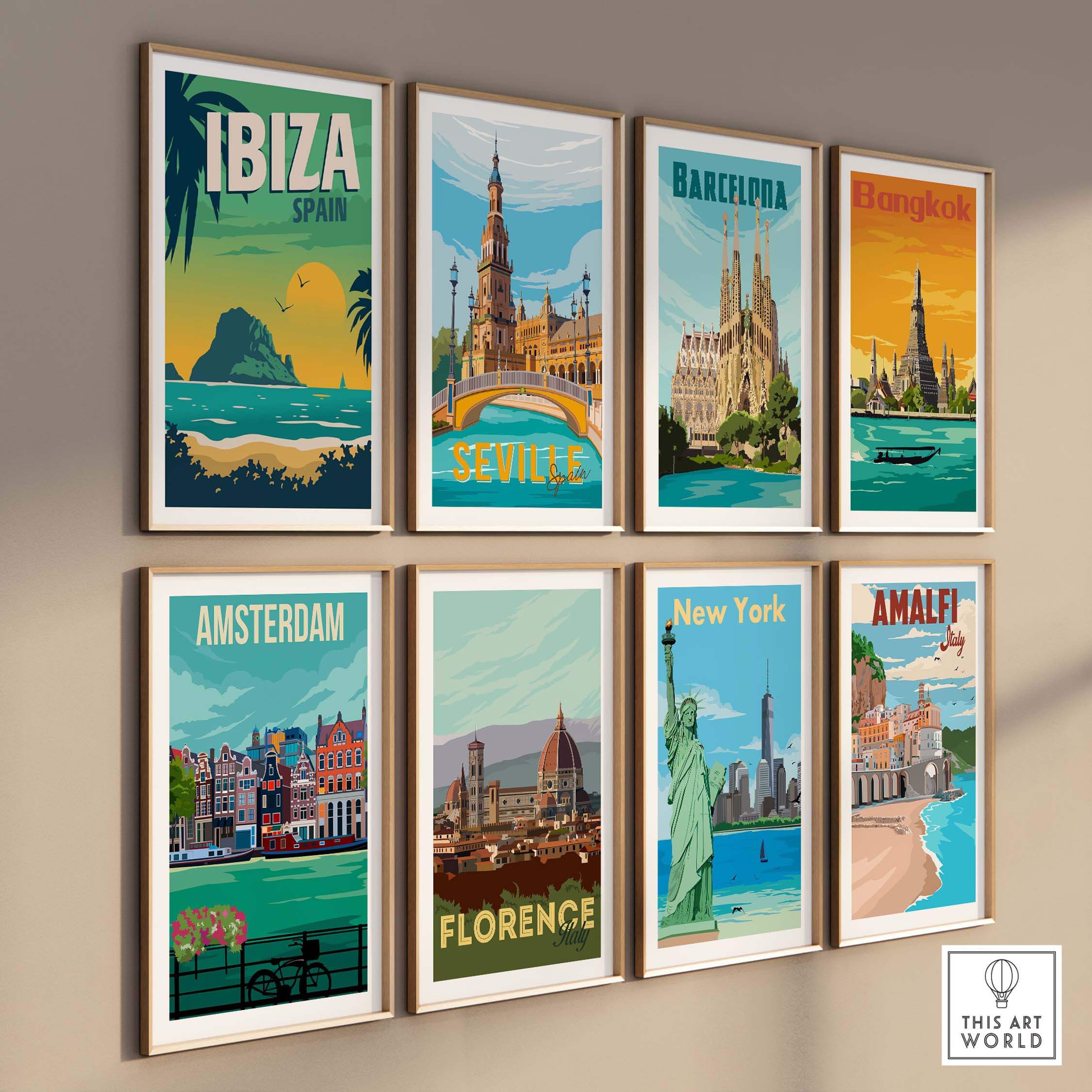 Ibiza Poster Wall Art Print collection showcasing vibrant travel destinations framed for stylish home decor.