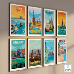 Collection of vintage travel posters including Ibiza, Barcelona, and New York for stylish wall decor.