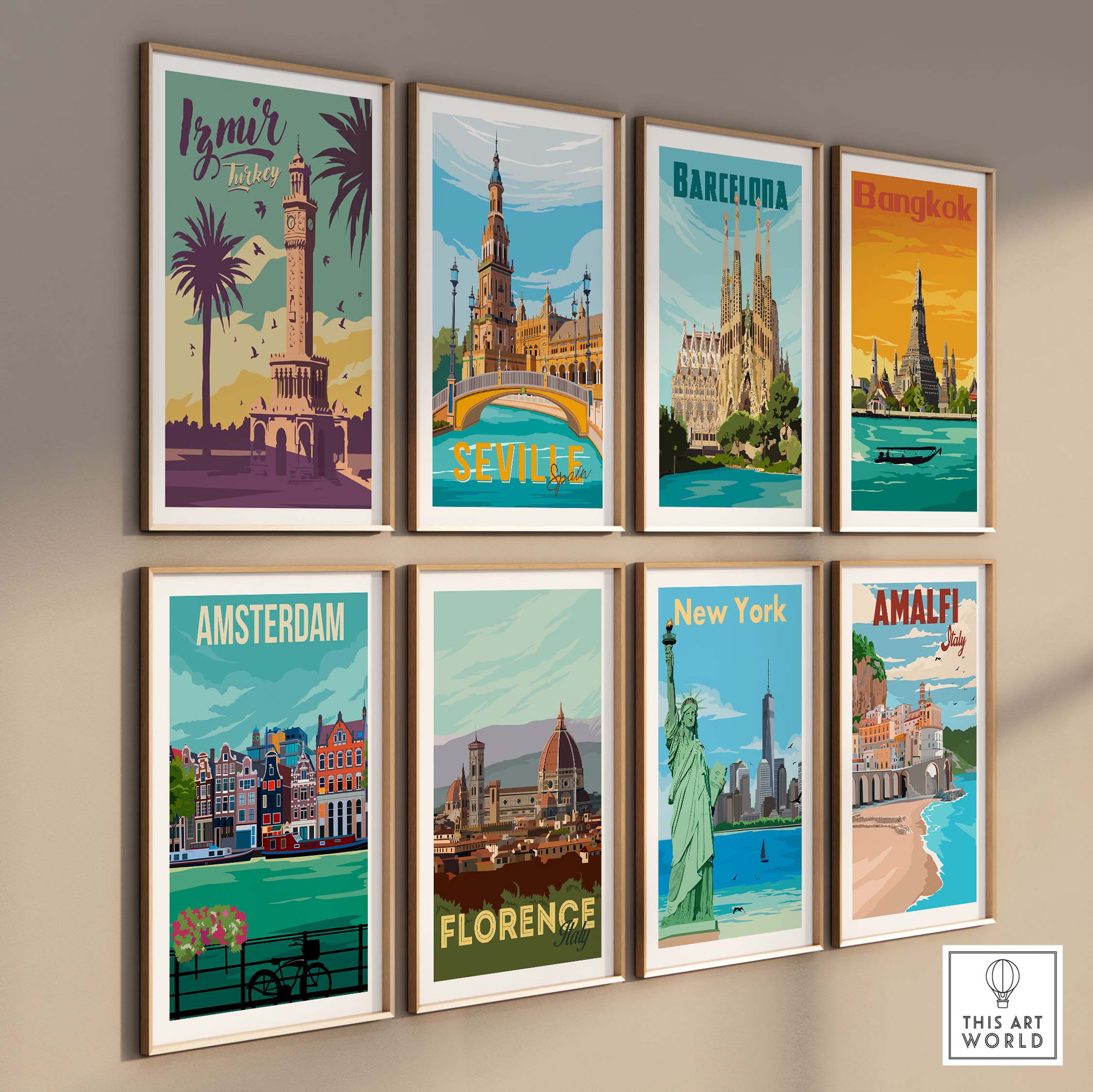 Collection of vintage travel posters featuring Izmir, Barcelona, Bangkok, Seville, Amsterdam, Florence, New York, and Amalfi.