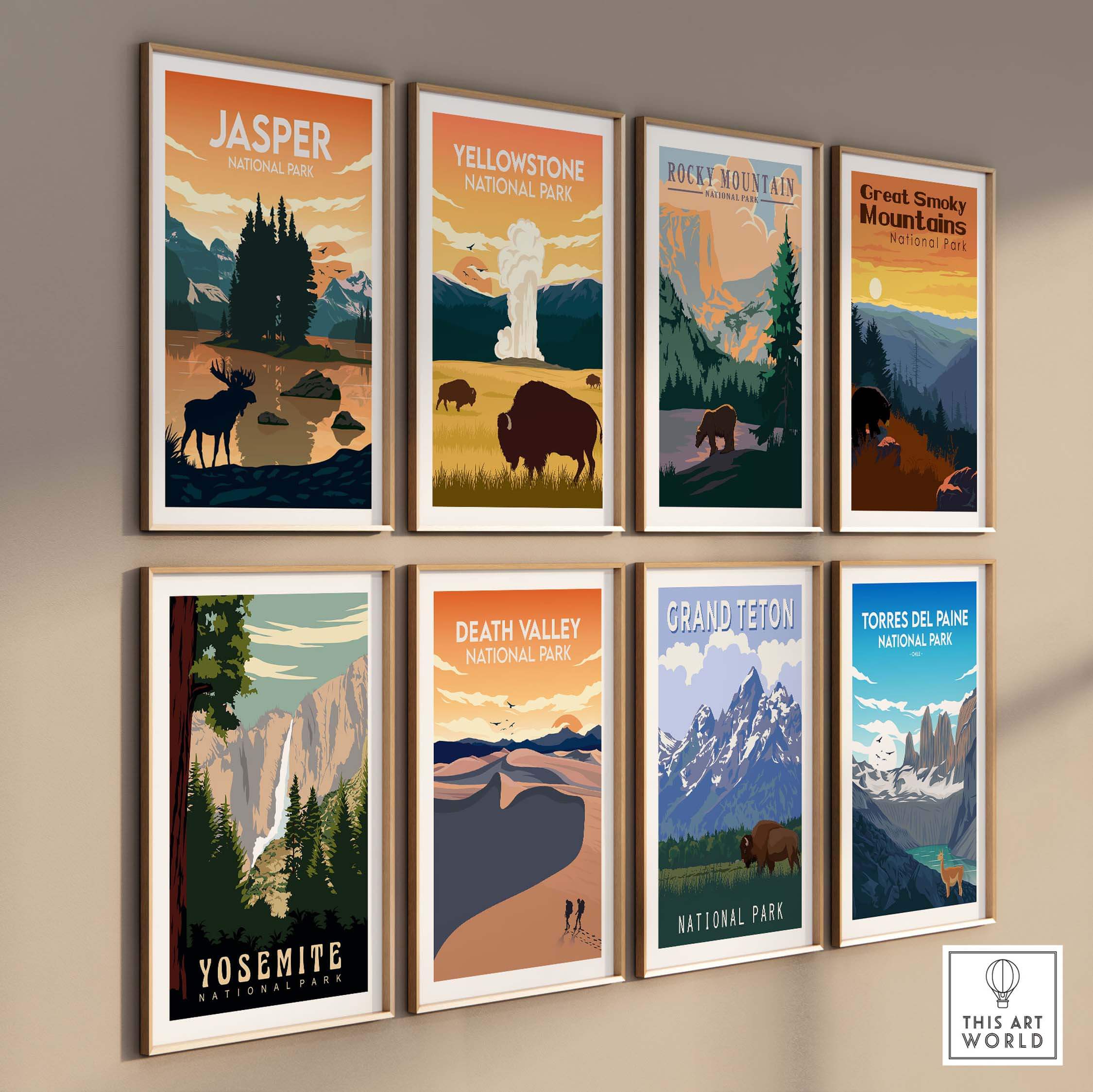 Collection of vintage-style National Park posters including Jasper and Yellowstone prints, framed for stylish home decor.
