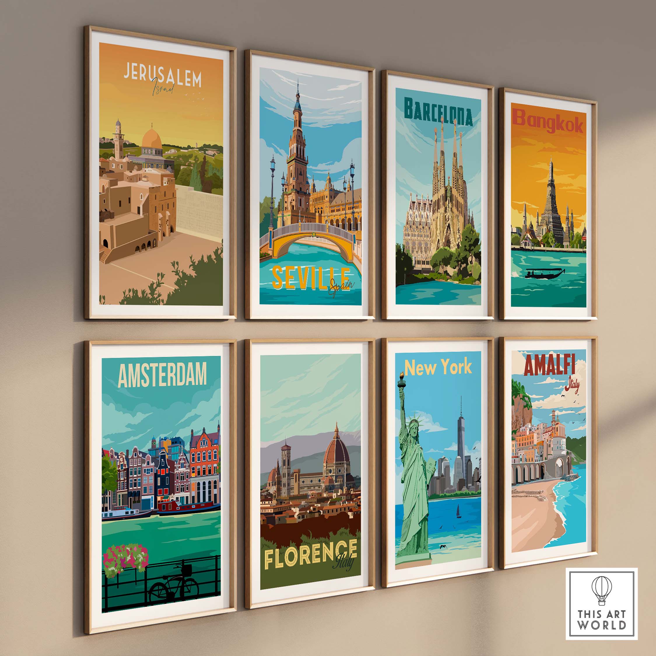 Collection of vintage travel posters including Jerusalem, Barcelona, and New York, showcasing stylish wall art for home decor.